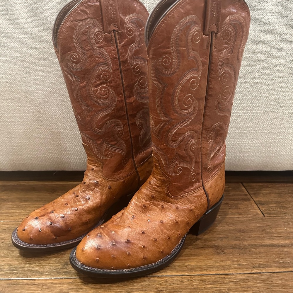 Tony Lama Exotic Western Boots Full Quill CT834 Ostrich Peanut Men's size 7.5 D